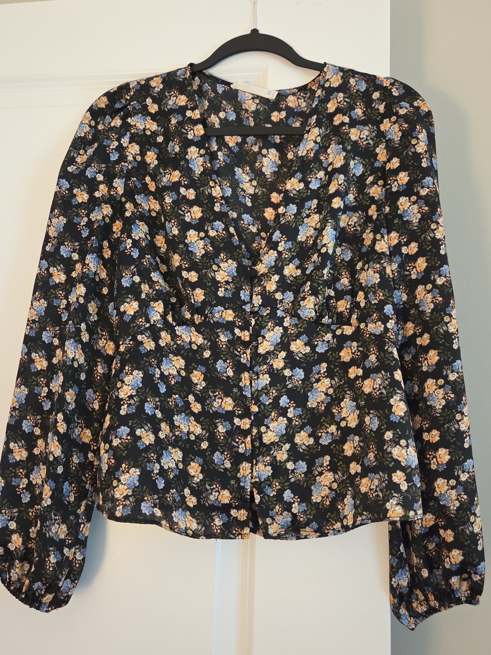 Mango Black Floral Button-Front Peplum Blouse